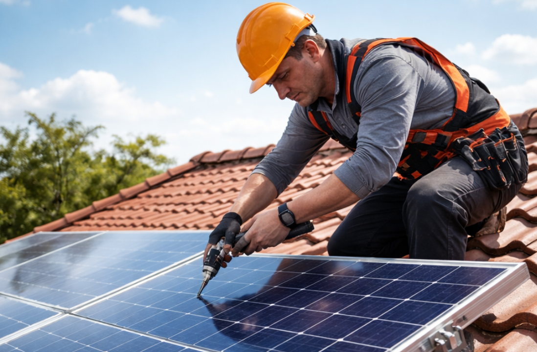 Techniciens installant des panneaux solaires sur un toit